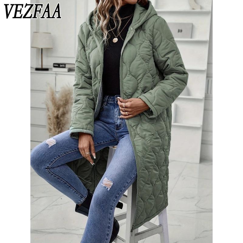 VEZFAA Women's Fashion Casual Fall Winter Solid Color Print Long Sleeve Jackets & Coats Down Coats