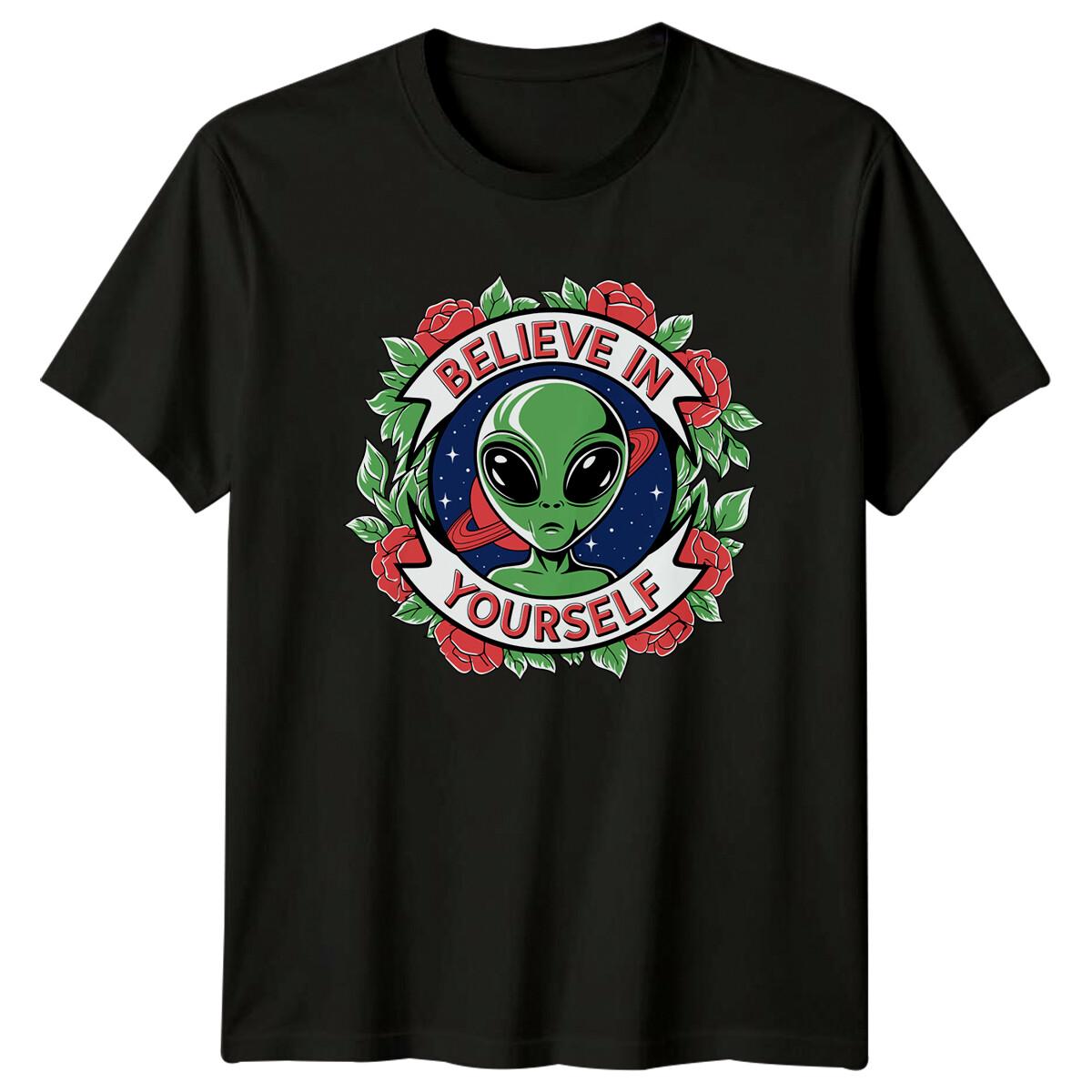 

Believe In Yourself Alien Roses Graphic Novelty Adult Humor T-Shirt S