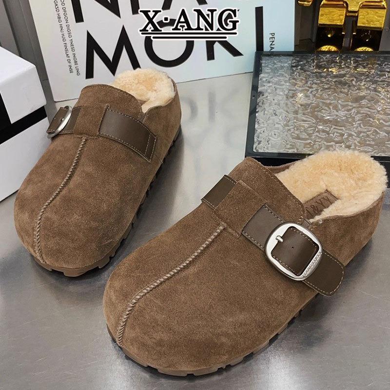 

Версия из коровьей кожи, толстоподошвенные туфли из овечьей шерсти, женские хлопковые тапочки, новые осенне-зимние, с закрытым носком, полутапочки для улицы 40