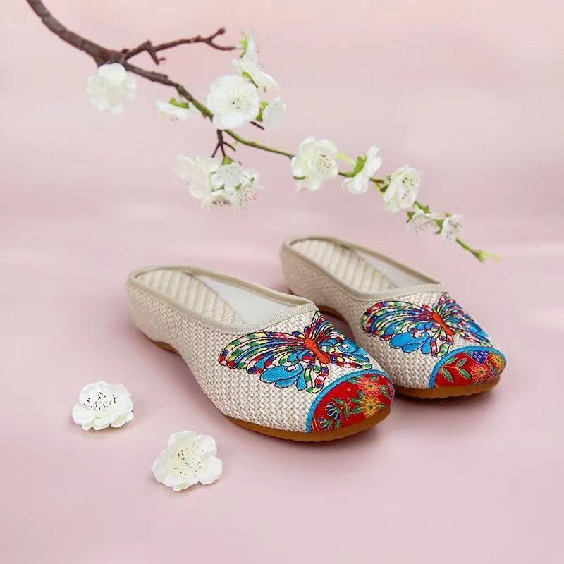 Shoes linen butterfly slippers embroidered beef tendon embroidered shoes baotou new national home retro style embroidery