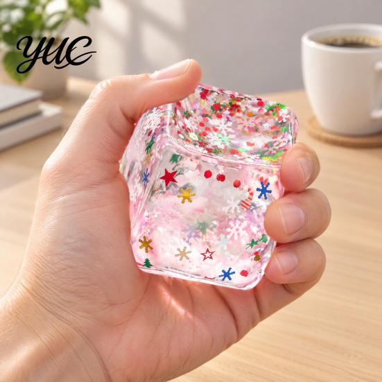 Reusable Stress Relief Hand Toys Christmas Ice Cube Squishy Fidget Toy, Slow Rising Toy Sensory for with Snowflake Glitter, Festive Squeeze