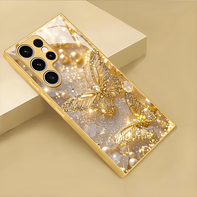 Golden Butterfly Pearl Patterned Glass Phone Case Suitable for Samsung GalaxyS26 S25 S24 S23 S22 S21 S20 FE/Ultra/Plus Anti Drop