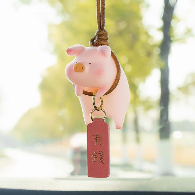 Car Rear View Mirror Pendant with Chinese Character Cute Swing Lucky Pig Piggy Hanging Ornament Auto Interior Decor