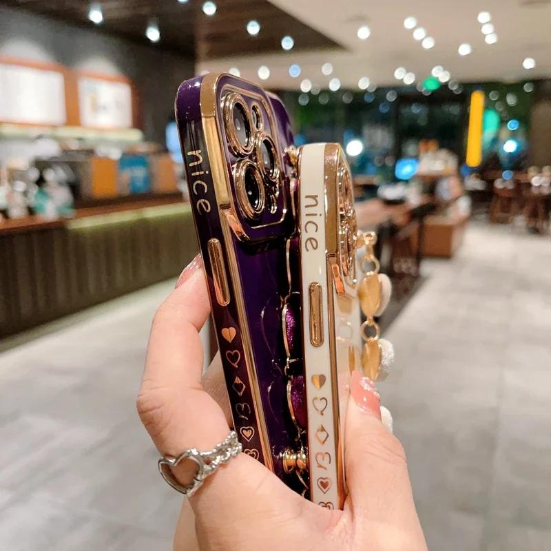 Luxury Soft Love Heart Bracelet Phone Case For iPhone 11 12 13 14 15 Pro Max XS X XR 7 8 Plus SE 2020 2022 Lint Bumper Cover