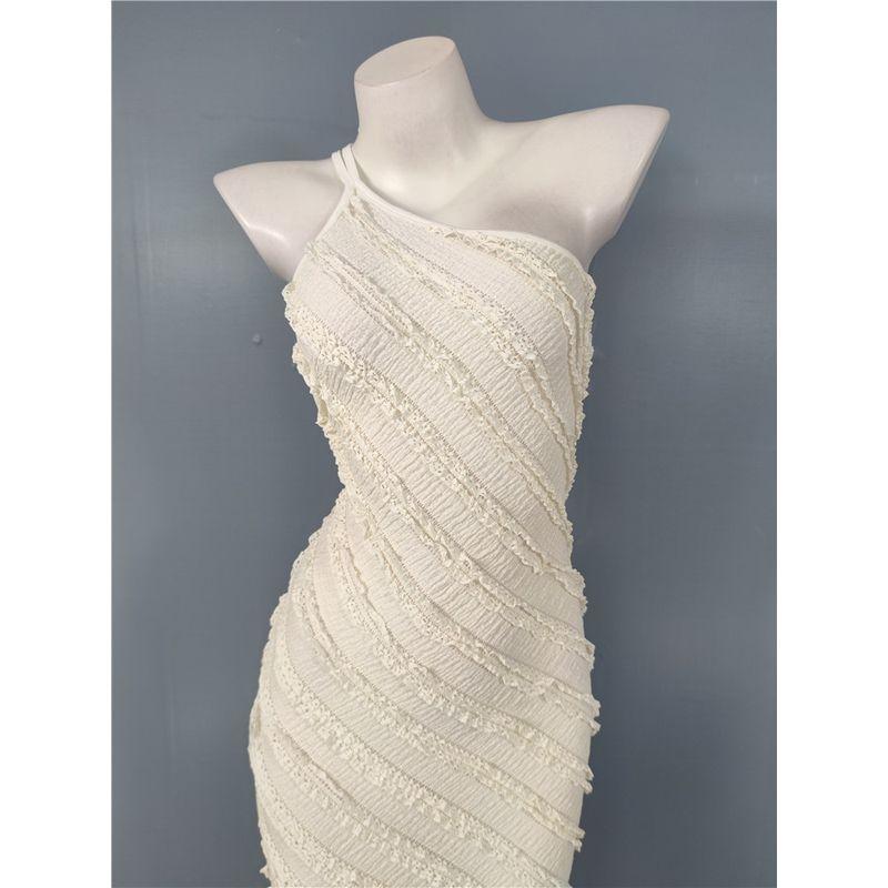 Export Single Sexy Sexy Pure Desire Ruffles Waist-Tight Slim Looking Padded Shoulder Diagonal Collar Hip-Wrapped Open Back Banquet Dress Women