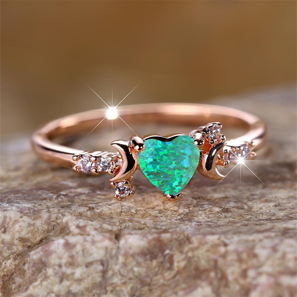 Moon Love Heart Engagement Ring Green Blue White Opal Stone Rings For Women Rose Gold Silver Color Wedding Bands Jewelry