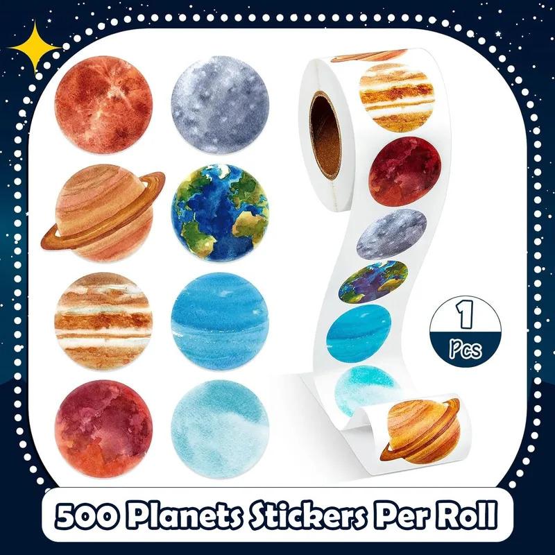 Colorful Solar System Planet Sticker Roll, 500 Pieces/Roll, 2.5 cm/1.0 Inch, for Space Knowledge Learning, Decorations, Gifts,