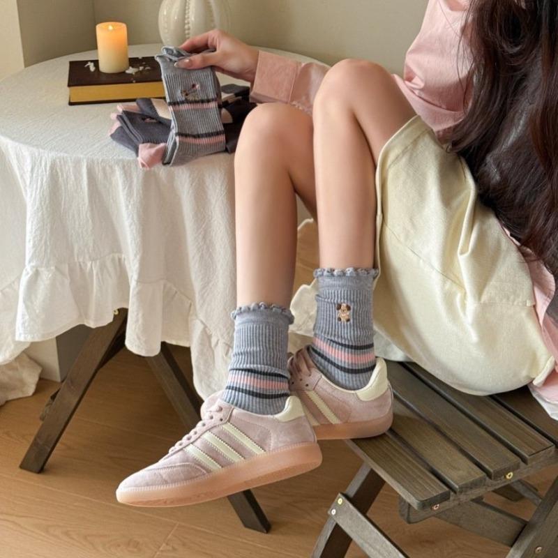 2 Pairs of Mid-calf Socks - Women's Fall/winter Imitation Cashmere Socks - Women's Striped Fashionable Embroidered Sausage Dog Pile Socks - Long Socks