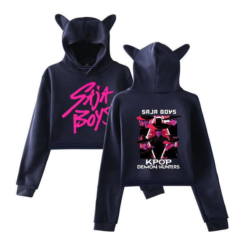 

Hot Movie KPop Demon Hunters Print Cat Ears Long Sleeve Crop Tops Girls Fashion Saja Boys Hoodie Harajuku Streetwear Hoodie Women Girls Clothing XXS темно-синий