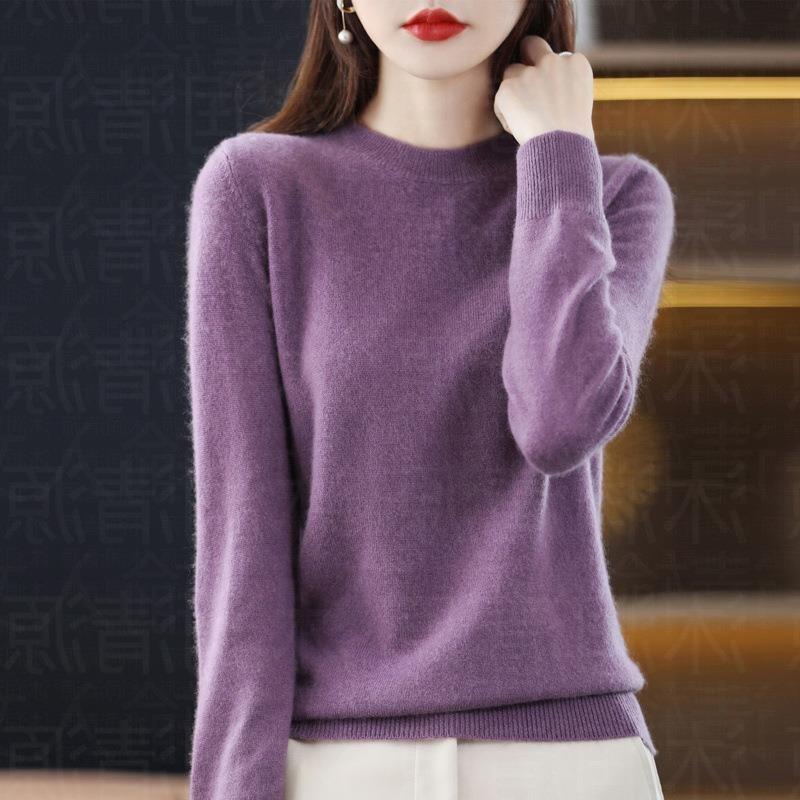 Women Fashion Casual Autumn Winter Solid Color Print Long Sleeve Semi Turtleneck Women Clothing Wool Knitwear Sweaters