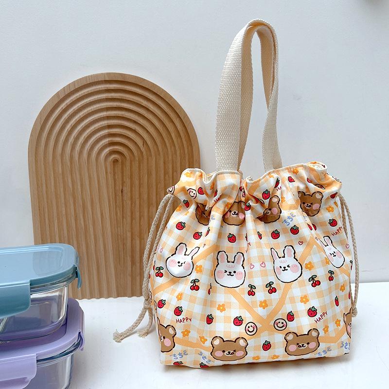 Cartoon Portable Lunch Drawstring Bag Student Kids Bento Pouch Dinner Box Women Work Canvas Food Tote For Travel Picnic