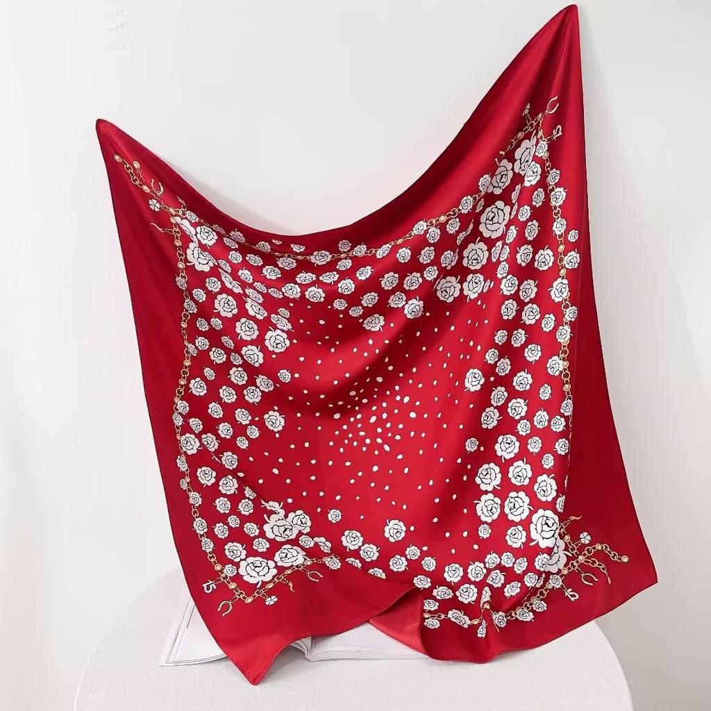 Retro twill rose print 91CM large square scarf versatile foreign style French scarf women's shirt shawl scarf