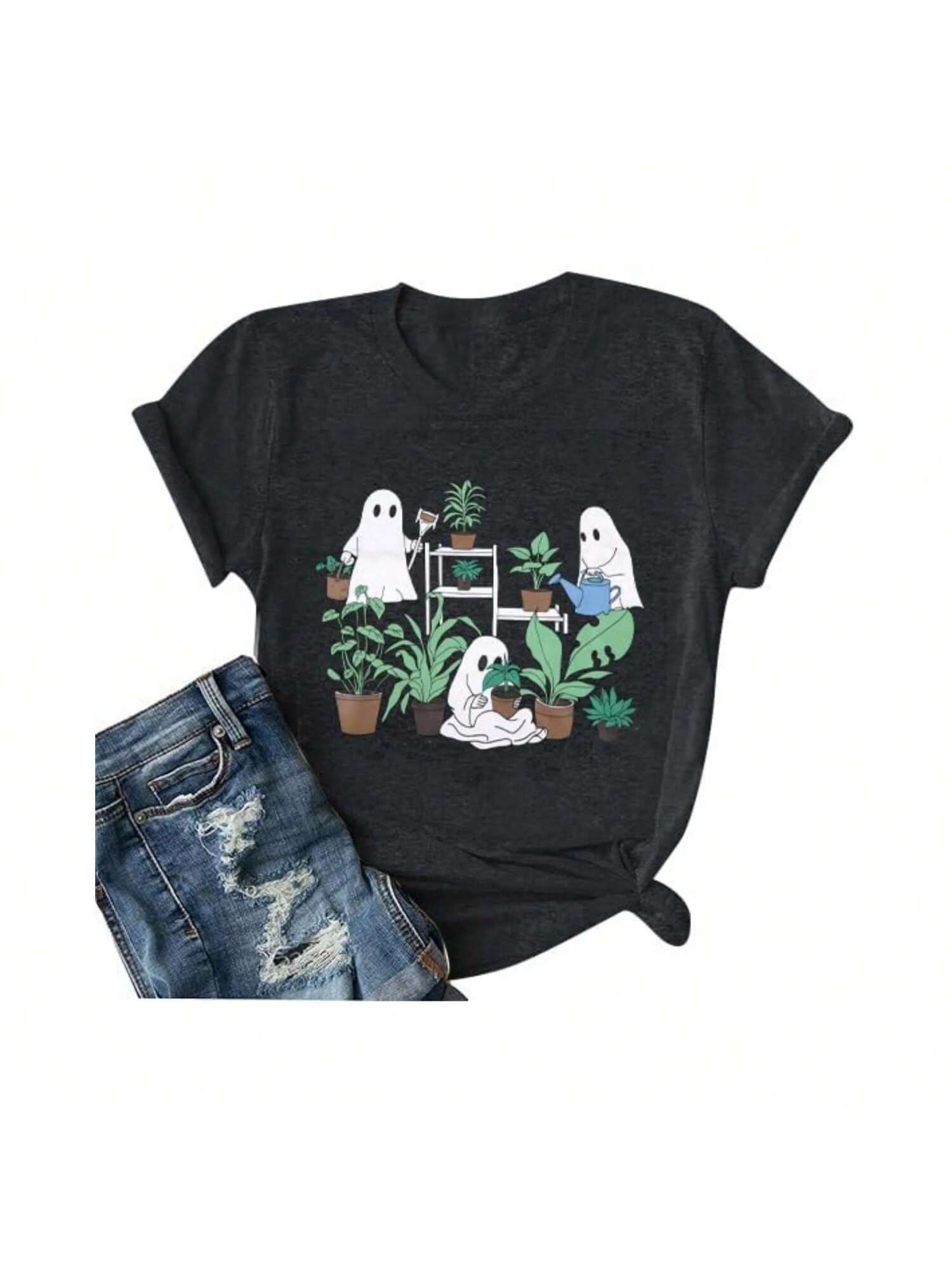 Halloween Ghost Shirt Wounisex Plant Ghost Graphic Tshirt Funny Spooky Plant Lover T-Shirt Gardening Short Sleeve Tee Top 01232 S разноцветный