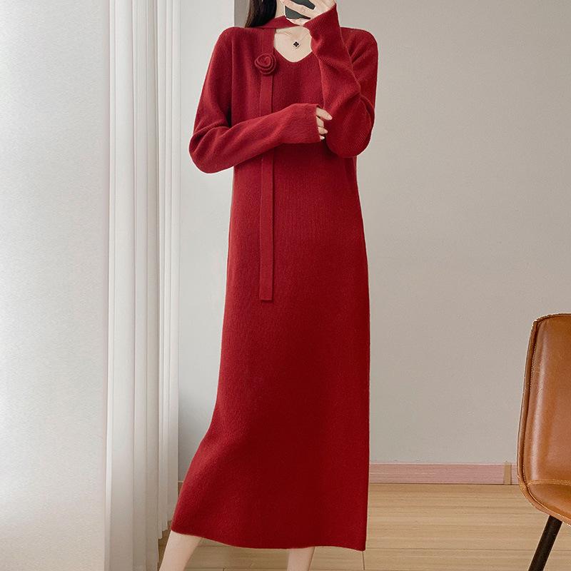 2025 A/W Women's Over-the-Knee Knit Dress with Long Sleeve Coat Layer