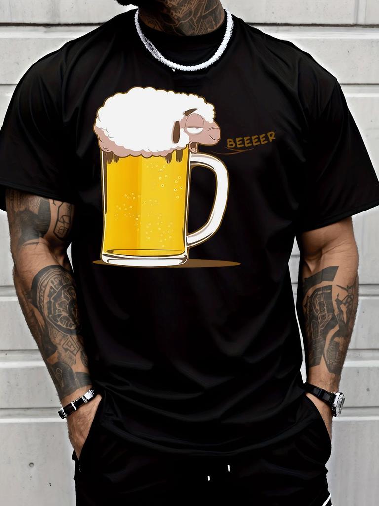 Unisexs Summer Crew Neck Short Sleeve T Shirt Funny Sheep Beer Mug Beeeeer Print White Tee Casual Party Daily Loose Fashion Top