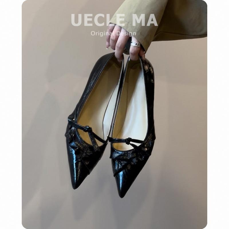 

Супермягкая овечья кожа~ Натуральная кожа женские туфли одинарки на плоской подошве с острым носком на небольшом каблуке-рюмочке, темпераментные, универсальные, с бантом, вечерние туфли 40