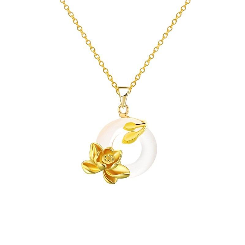 Women Light Luxury Ethnic Style Lotus Peace Buckle Simulated Chalcedony Clavicle Pendant Necklace