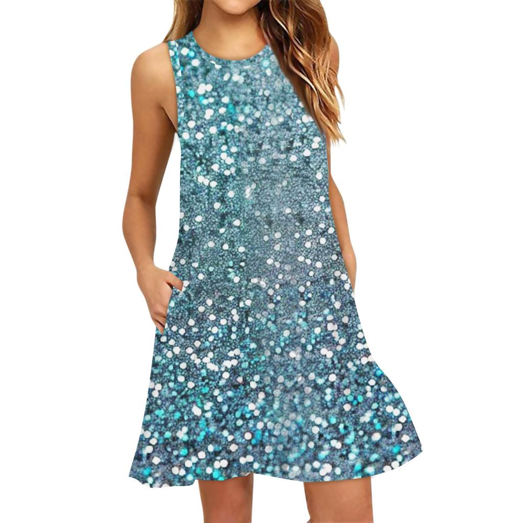 Women's Fashion Beach Dress Sleeveless Round Neck Floral Print Dress