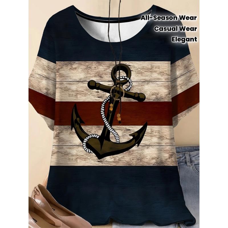 

Ladies Large Casual Elegant Vacation Style 3D Printed Anchor and Navigation Stripe Pattern T-shirt - Soft Round Neck Short Sleeve S