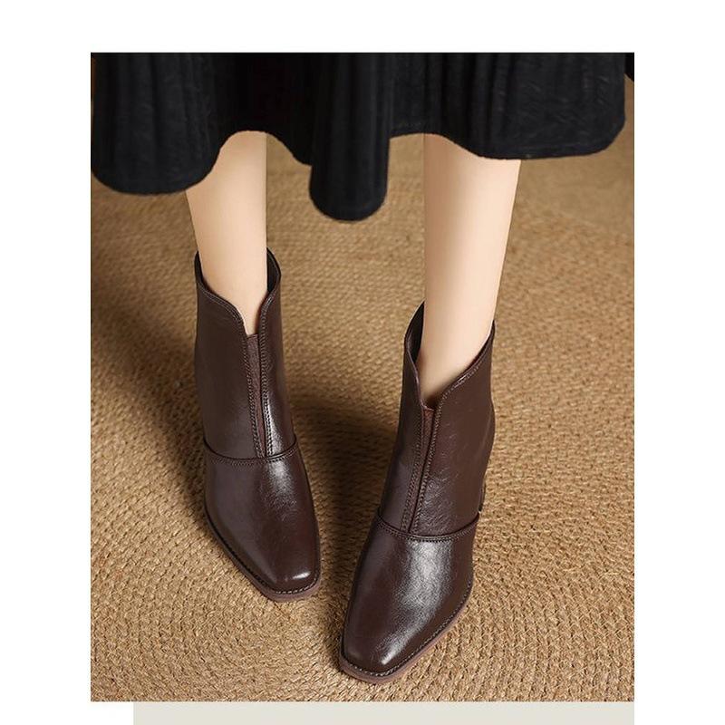 Square Head Chelsea Boots Women's Retro Short Boots High Heel Single Inlet Small Ankle Boots Thick Heel Women's Boots Single Boots