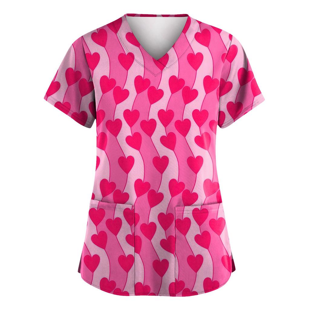 Women's Valentine's Day Printed  Uniform Work Uniform V-Neck Pocket Protective Uniform