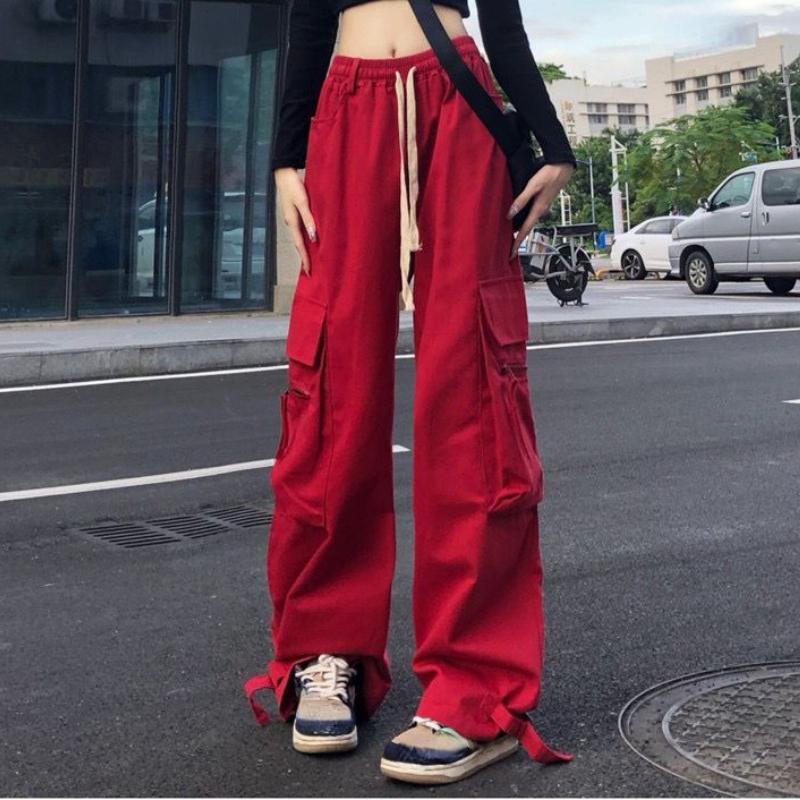 Women Y2K Cargo Pants High Waist Streetwear Hip Hop Trousers Female Big Pockets Casual Low Waist Drawstring Baggy Sweatpants