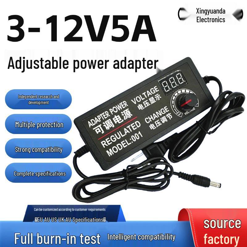 Adjustable 3-24V 3A Power Adapter with Display: 3-12V 5A Voltage, Speed, and Temperature Control