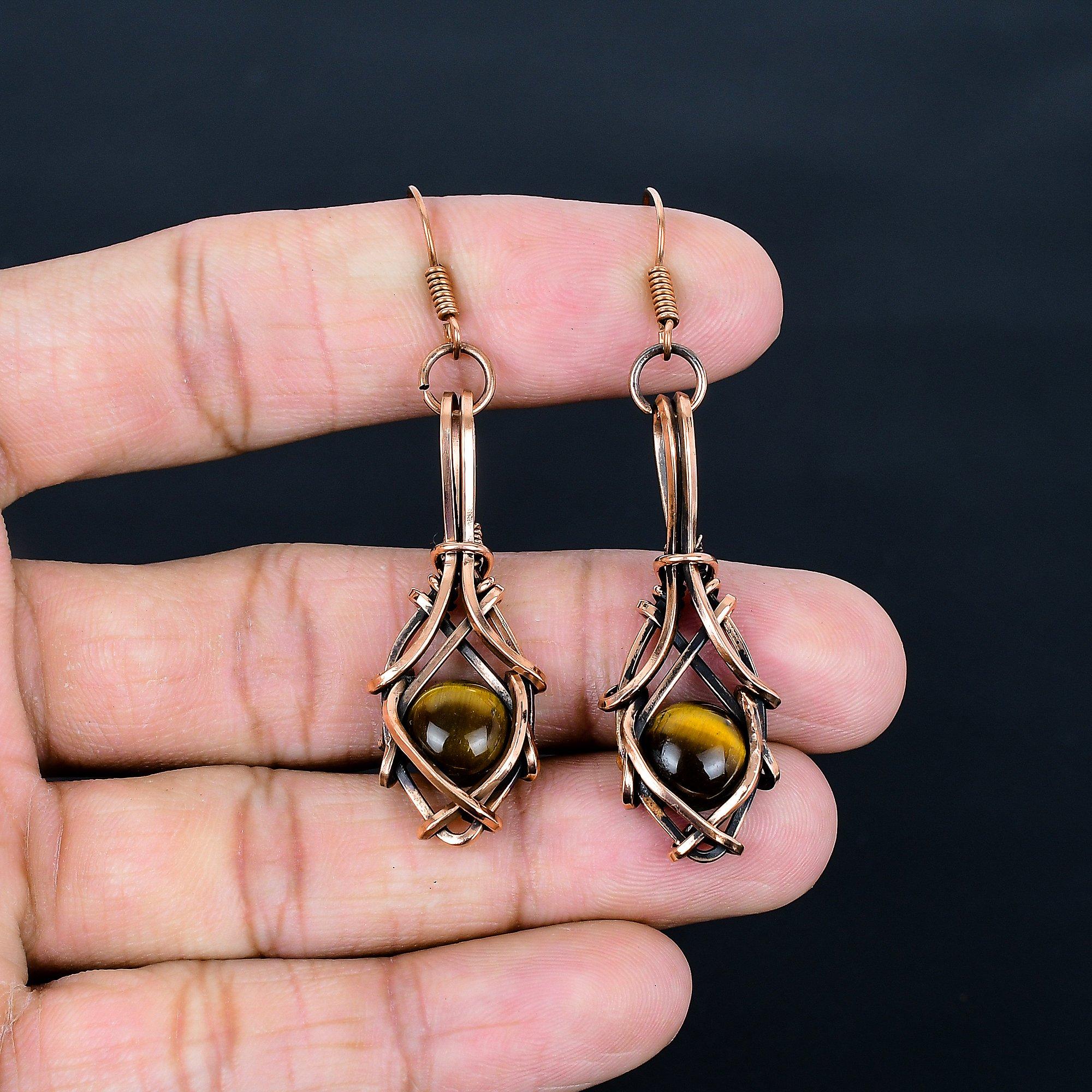 

Серьги из тигрового глаза, обернутые медной проволокой 999 пробы, серьги из натуральных камней ручной работы, подарок для мамы, антикварные украшения