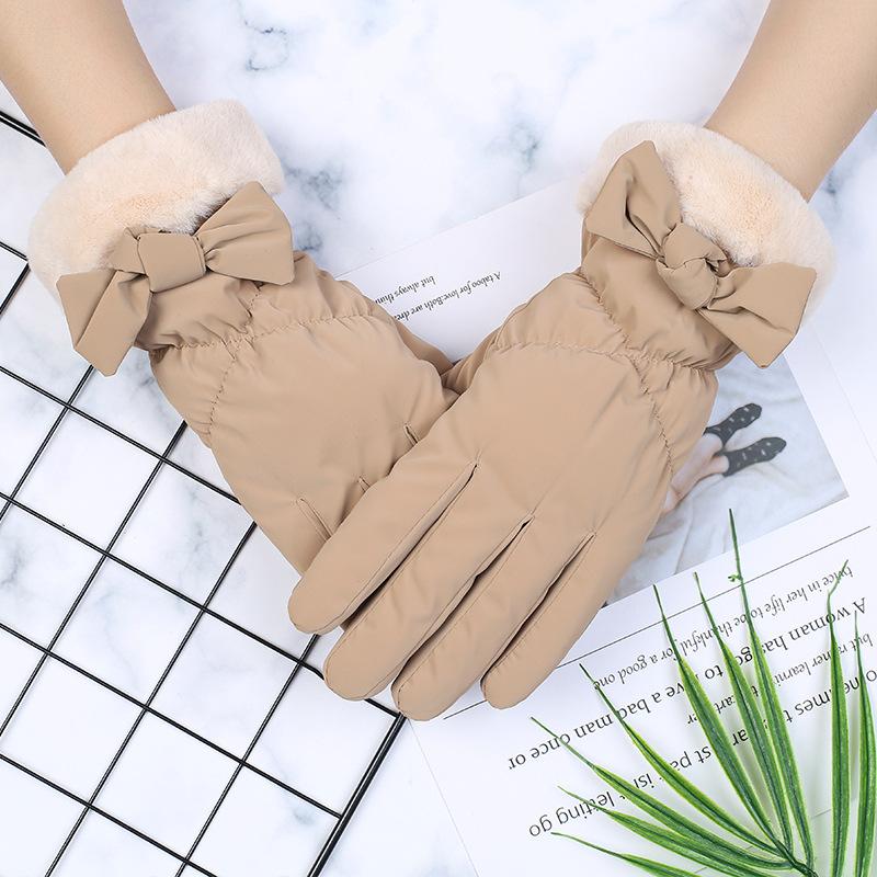 Winter Warm Gloves for Women with Velvet Waterproof Windproof Outdoor Cycling Touchscreen Butterfly Knot Cotton Gloves