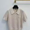 Hochwertiger dunkelblauer Polo-Kragen Kurzarm Hohlstrickpullover Damen Dünn Klein Mode Ausländischer Stil Oberteil