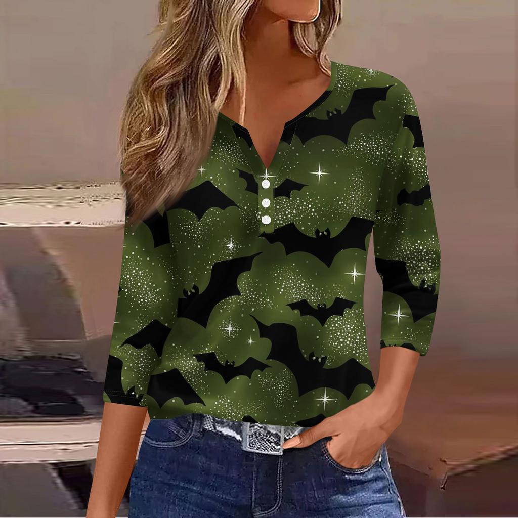 Damen Lässige Mode V-Ausschnitt Locker Vielseitig Halloween-Print Dreiviertelarm Oberteil