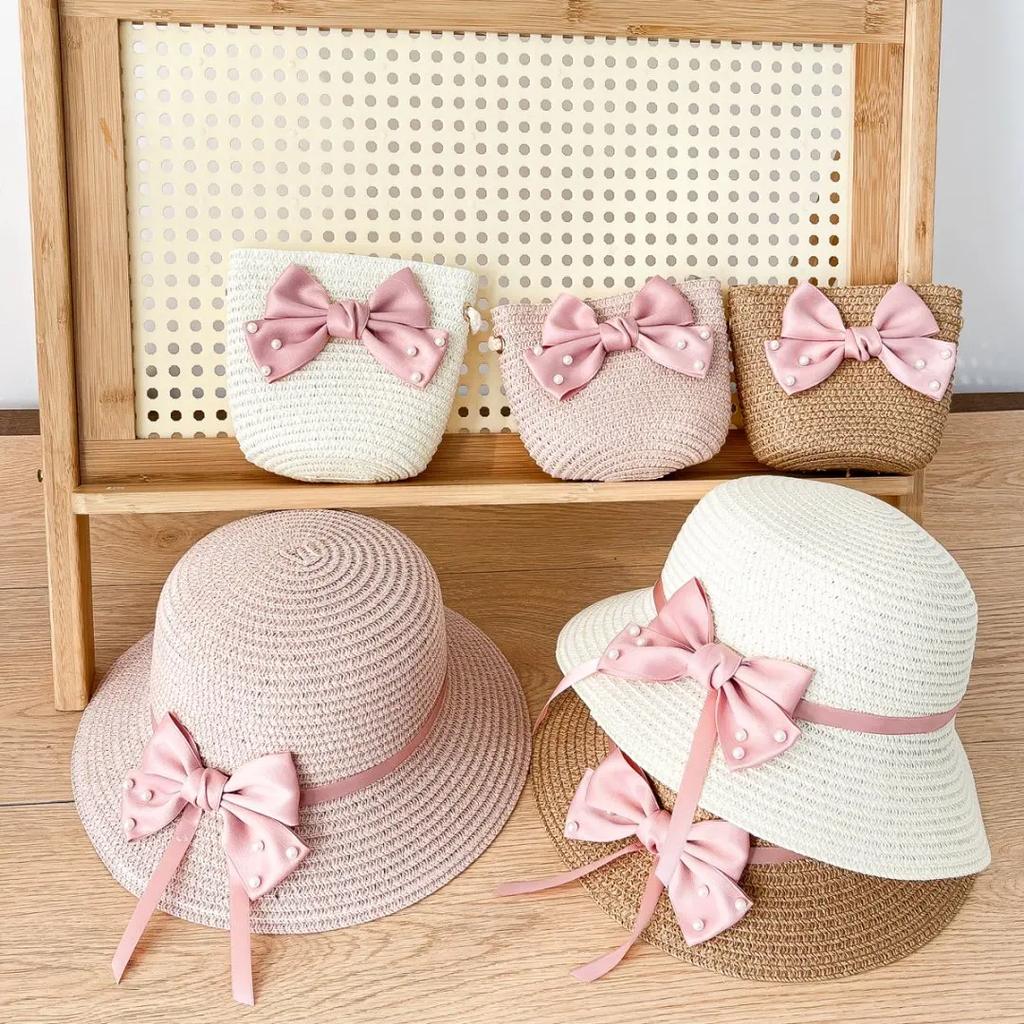 2er Set Stroh-Eimerhut und Tasche für kleine Mädchen, Kinder Sommerurlaub Fischerhüte Baby Prinzessin Schleife Lässig Strand Sonnenhut