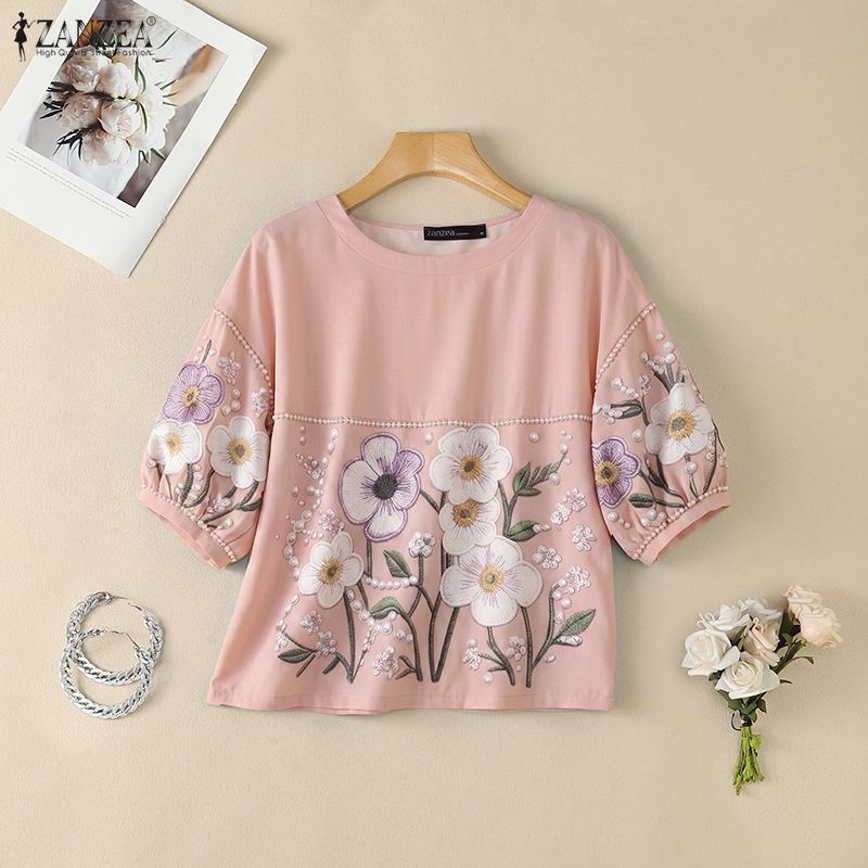 ZANZEA Women Floral Print Summer Casual Round Neck Half Sleeve Blouse