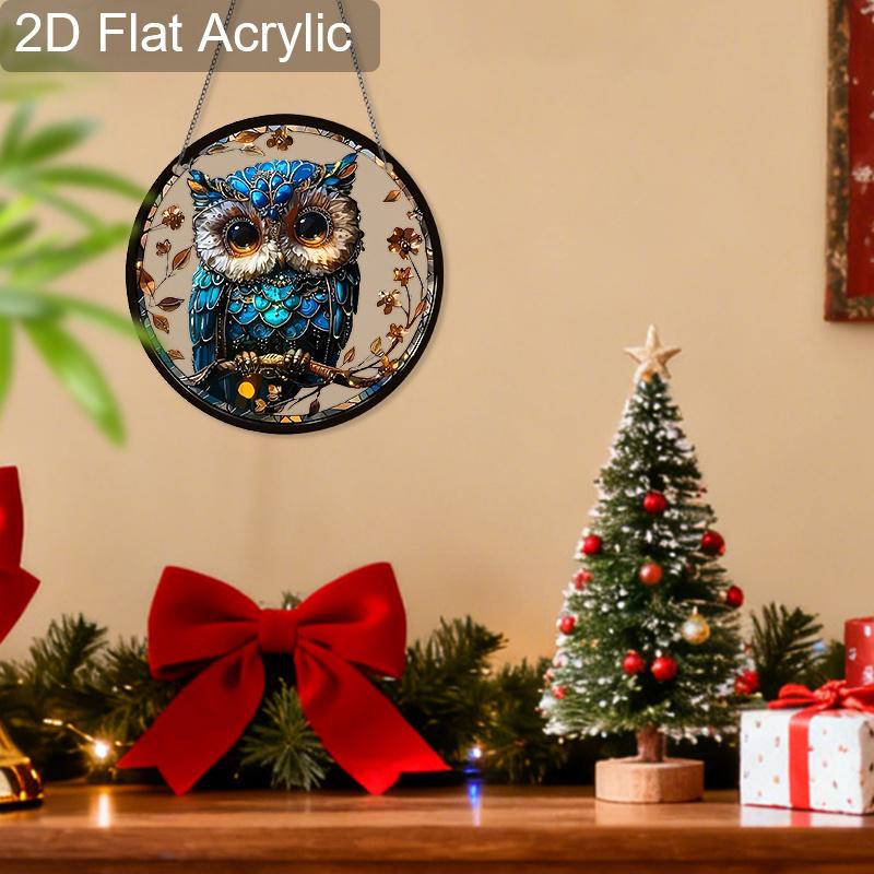 Acrylic Blue Owl Christmas Suncatcher Stained Glass Effect Window Hanging Ornament Owl Lover Holiday Gifts