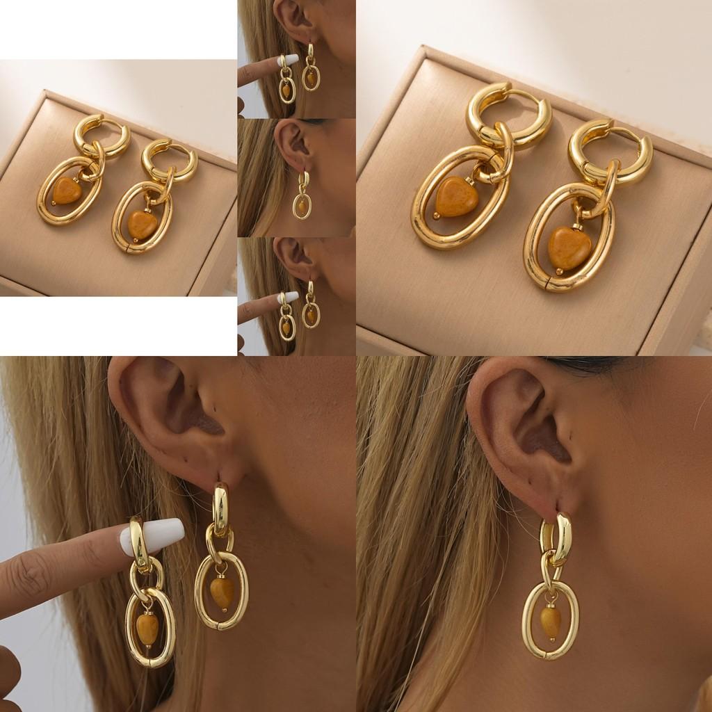 Trendy Heart Design Natural Stone Earrings With Gold Plating