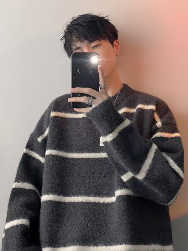 Herbst-/Winter-Herren-Strickjacke mit Streifen, lässiger Stil, koreanischer Stil, Stehkragen, vielseitig für Paare.