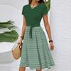 Women's Casual Fashion Belted Striped Printed Short Sleeve Round Neck Elegant Flowing Dress
