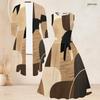 Women Plus Size Two Piece Set Abstract Printed 3 4 Sleeve Open Cardigan Sleeveless Round Neck Tie Waist Flared Dress