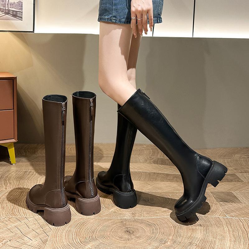 Thick-soled flat-mouth boots 2025 new high boots thick heel but knee fat mm widened rear zipper knight boots