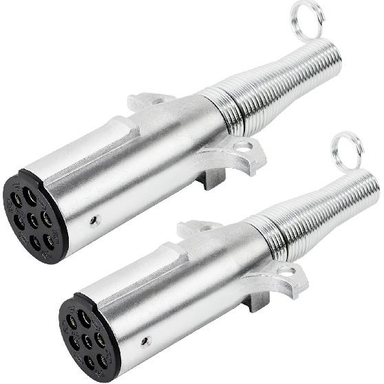 Oyviny Trailer-Side 7 Pin Round Trailer Plug with Extension Spring 2PCS, 7 Way Semi Trailer Plug Zinc Die-Cast with Cable Guard, Round 7 Pin Trailer 2 PCS