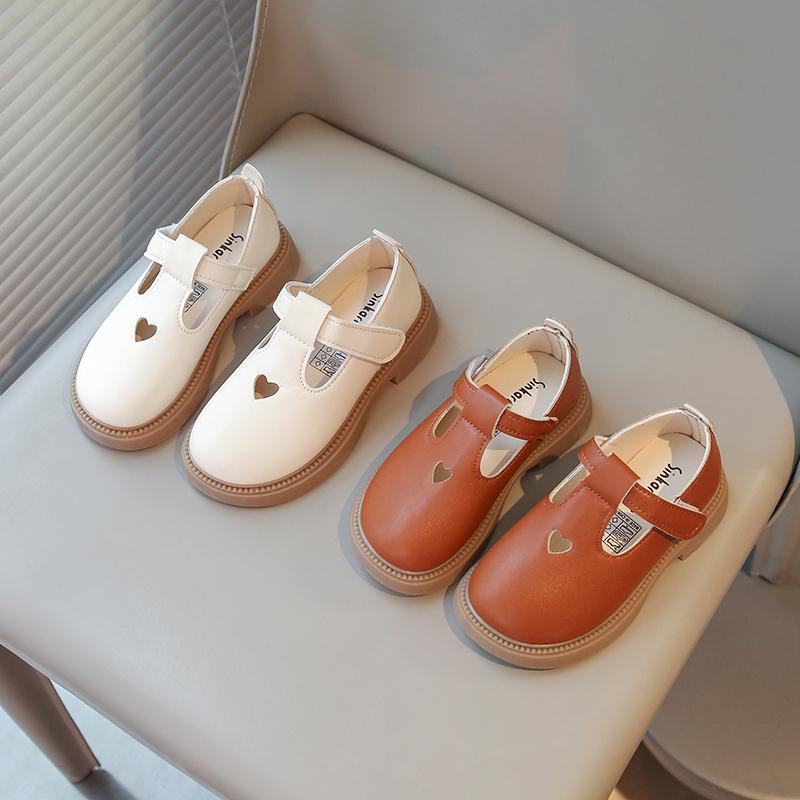 Spring Autumn New Girls Princess Leather Shoes Toddlers Baby Kids Flats T-strap Cut-outs with Heart Hollow Cute Sweet Soft