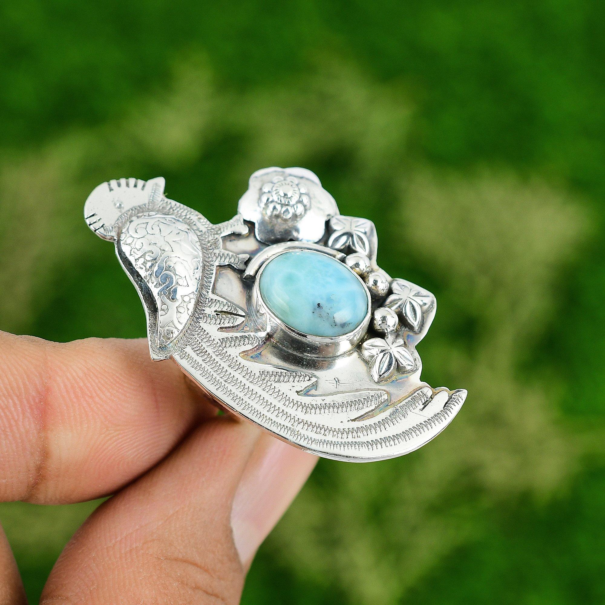 

Birthday Gift For Her Natural Larimar Statement Bird Adjustable Ring 925 Silver Adjustable