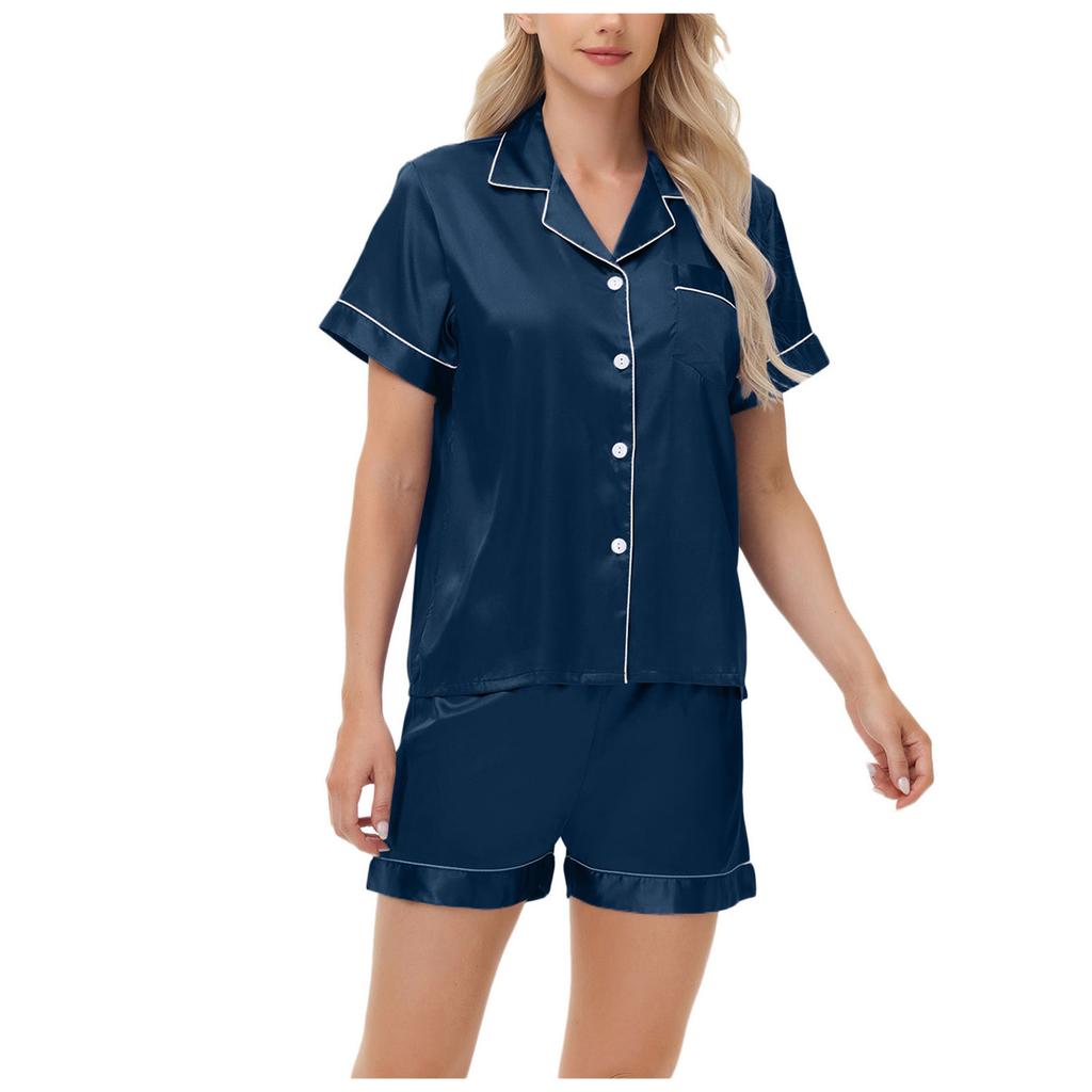 Dammode Pyjamas Set Satin Sovkläder Knäppta Toppar och Shorts Pyjamas 2-delad Kostym Pyjama Femme Nattkläder Loungewear för Sommar