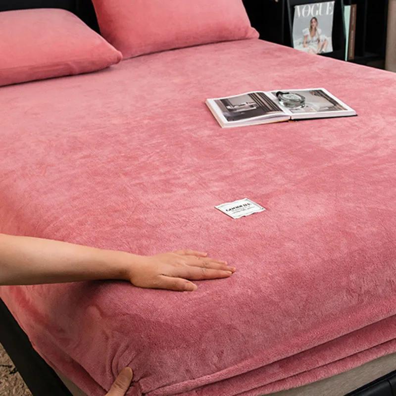 

3/1 Pcs Winter Milk Velvet Fitted Bed Sheet Nordic Solid Color Plush Mattress Protective Cover Thick Warm Non-Slip Mat for Home 90x200cm