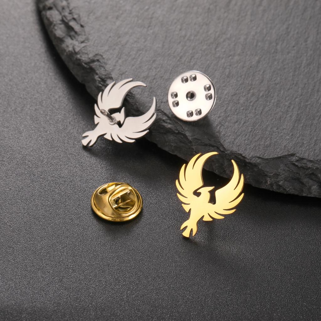 Phoenix Totem Brooch for Men Women Stainless Steel Gold Animal Groom Shirt Suit Badge Pin Accessories