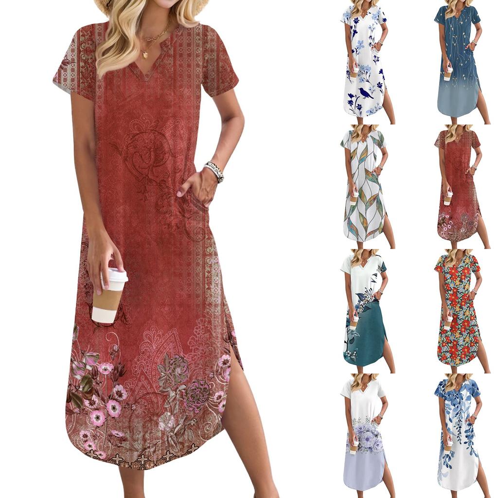 Dámská dlouhá sukně pro volný čas Dlouhé košilové šaty s výstřihem do V Volný rozpark Sváteční šaty s krátkým rukávem