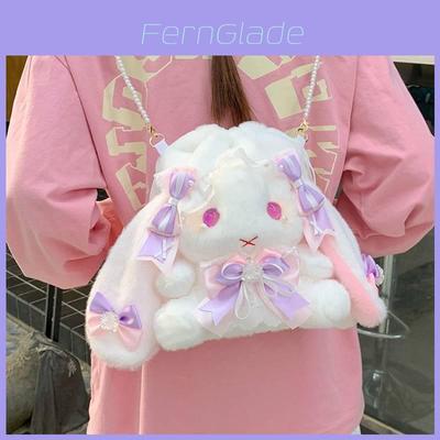 Mochila de Pelúcia de Coelho Lolita Fofa com Laço de Borboleta para Meninas Uso Diário