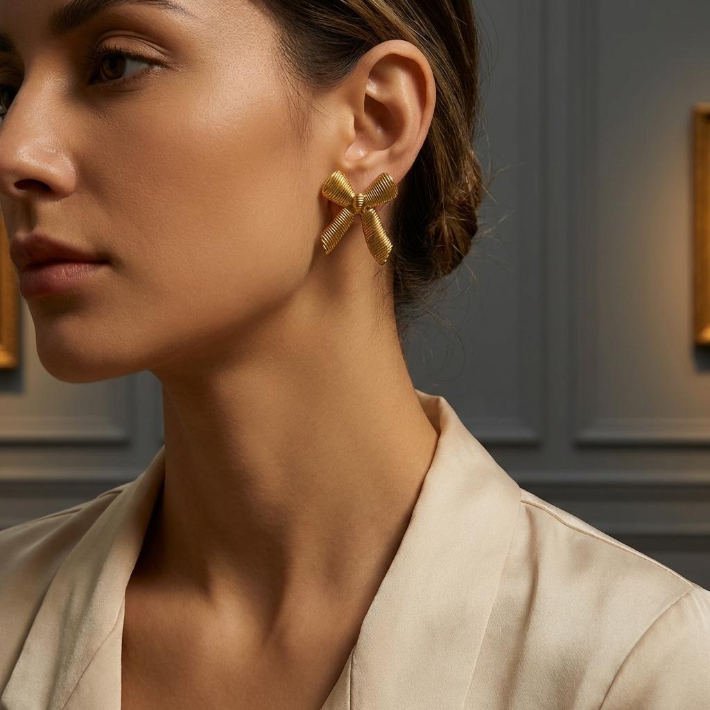 Vintage Textured Gold Color Bow Stud Earrings for Women Stainless Steel Ribbed Ribbon Statement Studs Everyday Office Jewelry