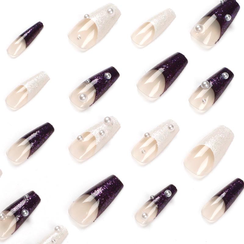 Dual Color Pearl Detachable Wearable Nails - French White & Purple Nail Art Pieces