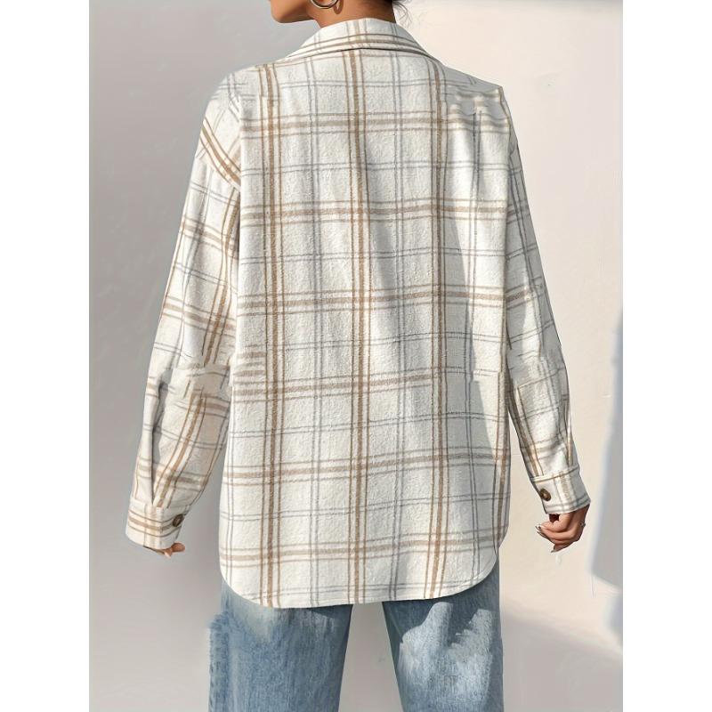 Women's Spring and Autumn Casual Mid-Length Plaid Loose Cardigan Lapel Tops